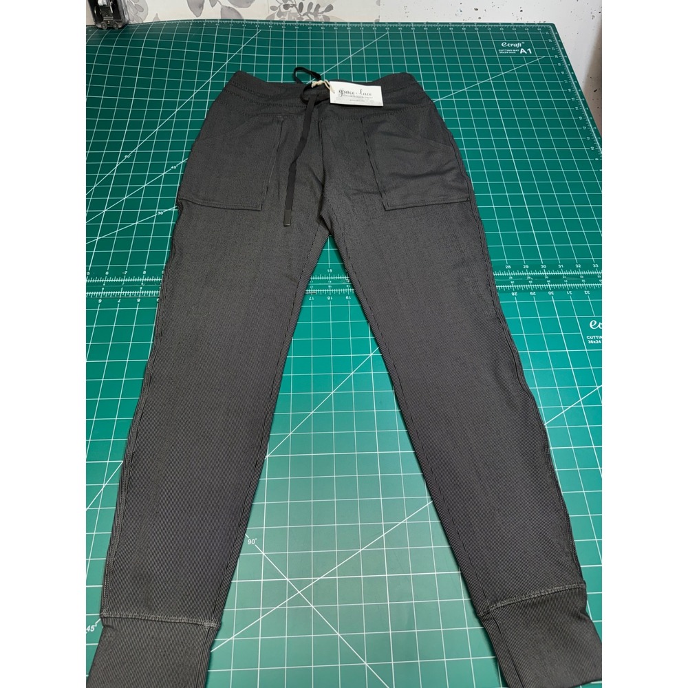 Grace & Lace Ribbed Jogger Pants Charcoal Gray Drawstring Pockets XS BK07